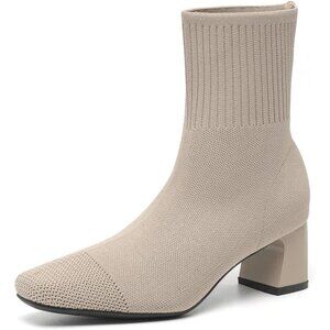 Women's Apricot Dressy Comfy Knit Sock Square Toe Chunky Heel Slip On Booties